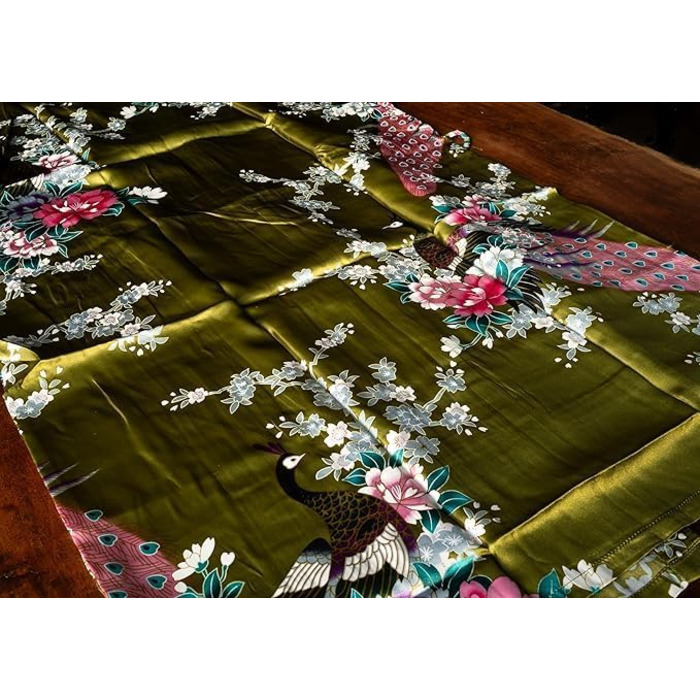 Халат жіночий CCcollections з атласу з принтом павича, V-подібний виріз, 3/4 рукав, оливковий зелений (універсальний)