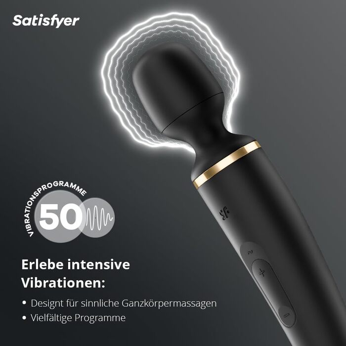 Satisfyer Wand-er Woman: Масажер для тіла з 50 вібраційними режимами | Секс-іграшка, тихий та потужний | Електронний масажер для жінок та чоловіків | Компактний вібратор для всього тіла | Чорний колір, 1 шт.