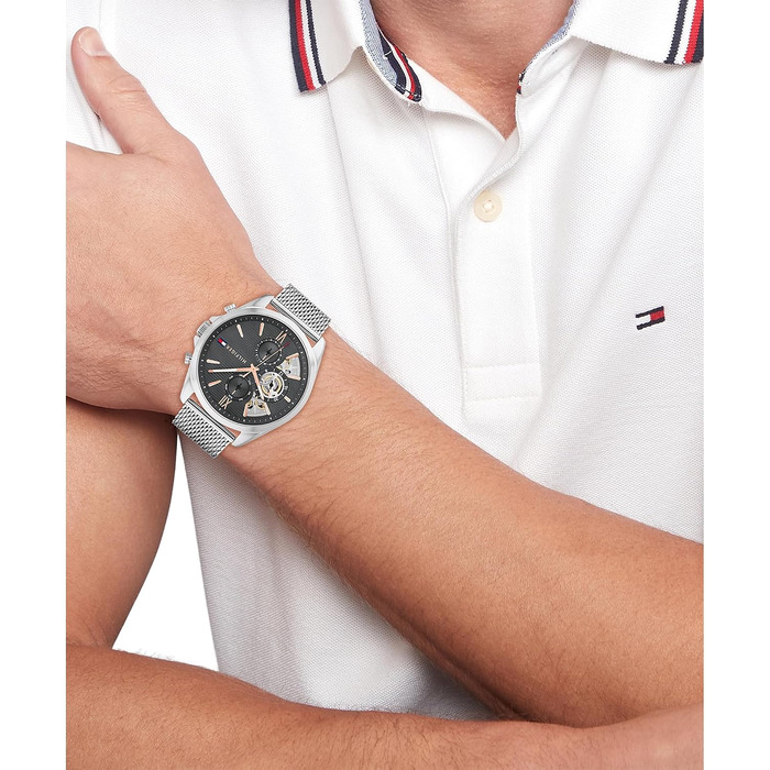 Чоловічий кварцовий годинник Tommy Hilfiger з багатофункціональним циферблатом, сталевим та шкіряним ремінцями (Сірий, Mesh)