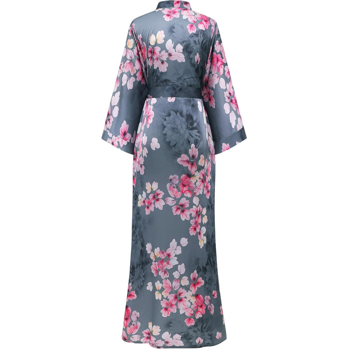 Халат жіночий довгий з атласу, квітковий принт, Babeyond. Ідеальний для дому, відпочинку, вечірок. Розмір універсальний, сірий колір.