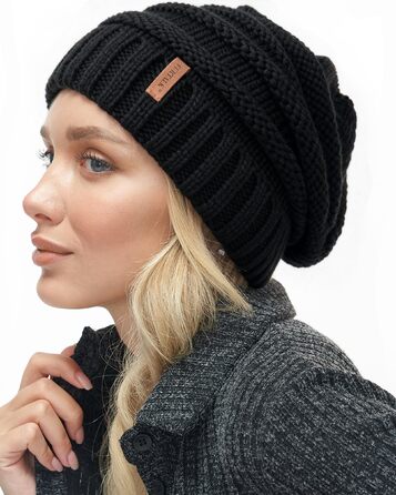 Жіноча в'язана шапка-біні FURTALK Slouch Beanie у стилі street style, груба в'язка, м'яка зимова шапка, універсальний розмір, чорна