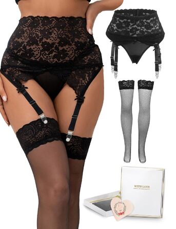 Сексуальний комплект спідньої білизни Ohyeahlady: широкий стрейчевий пояс-стрінг з мереживом, кліпсами та 4-ма стріжками. Великі розміри (3XL-4XL), чорний набір з пояса та панчіх.