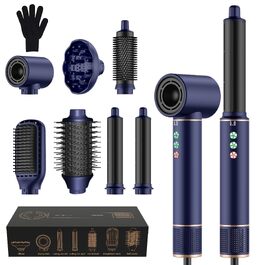 Мультистайлер для волосся 6 в 1 MogaWave Hairstyler Pro Airbrush: стайлер з феном, круглою щіткою для об'єму, вирівнювачем та насадками для завивки (Синій)