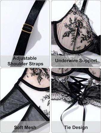 FEOYA Комплект бюстгальтера та трусиків push-up з мереживом та вишивкою, чорний, XL