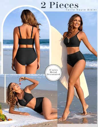 Бікіні жіночий комплект з пуш-ап, висока талія, слікучий ефект, двочастинний, сексуальний металевий U-подібний виріз з зав'язками, купальник, літня мода для жінок, чорний, розмір M