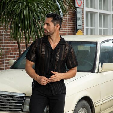 Чоловіча прозора сорочка-сітка Abehik з короткими рукавами для клубів, вечірок, святкування - чорна