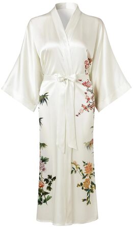 Шовковий халат-кімоно Ledamon для жінок, 100% шовк, довгий, квітковий дизайн, нічний халат (універсальний розмір, слонова кістка)