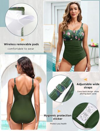 Купальник Vancavoo з пуш-ап та підтримкою живота, одноцільний, відкритий, з рюшами, пляжний, XXL, зелений з принтом