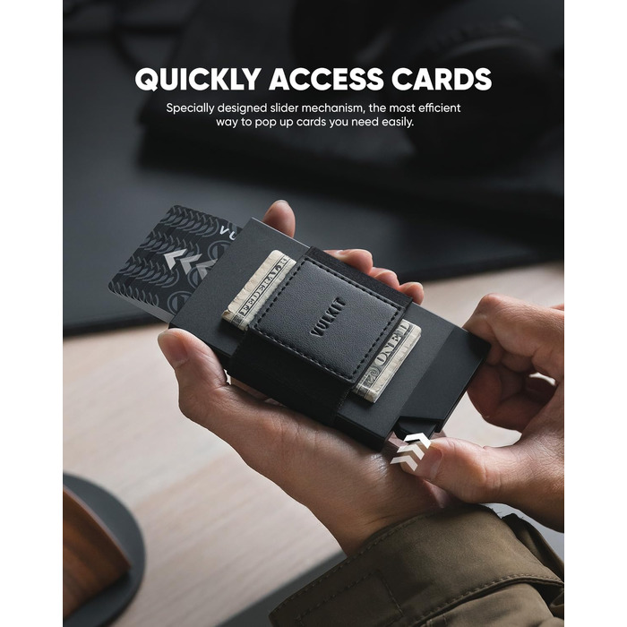 Слимок металевий картхолдер VULKIT Vc408 з Pop-Up механізмом, RFID-захистом та грошовим ремінцем, чорний