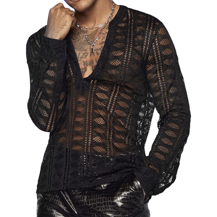 Чоловіча прозора сорочка з довгим рукавом Panegy, мереживна блуза, сітчаста сорочка, облягаючий крій, чорний, XS