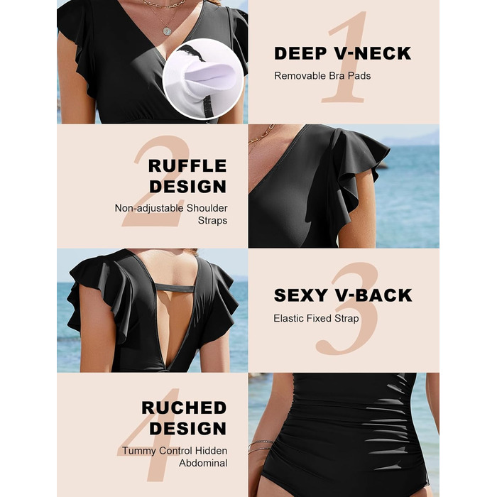 Чоловічий купальник Yuson Girl з рюшами, V-подібний виріз, корегуючий, суцільний, з пуш-ап, монокіні, чорний, XL