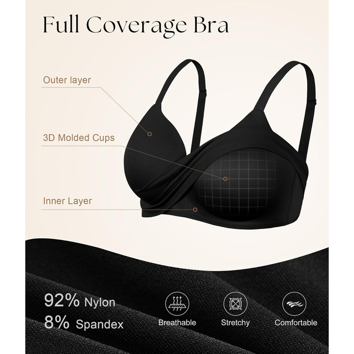 Натільний пуш-ап бюстгальтер для жінок без кісточок, бездротовий, з м'якою підтримкою, двошаровий чашечка, звичайні та великі розміри, V-подібний виріз, міцний бюстгальтер, чорний, S