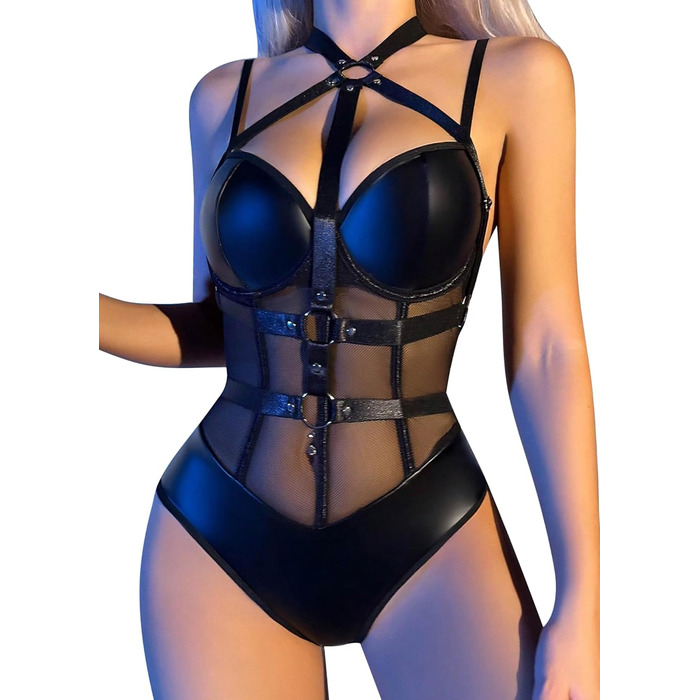 Боді FEOYA для жінок з вирізом, сітчаста тканина, прозорий, суцільний, спідня білизна, шкіряне тіло для косплею, вечірки, клубу, чорні ремінці S