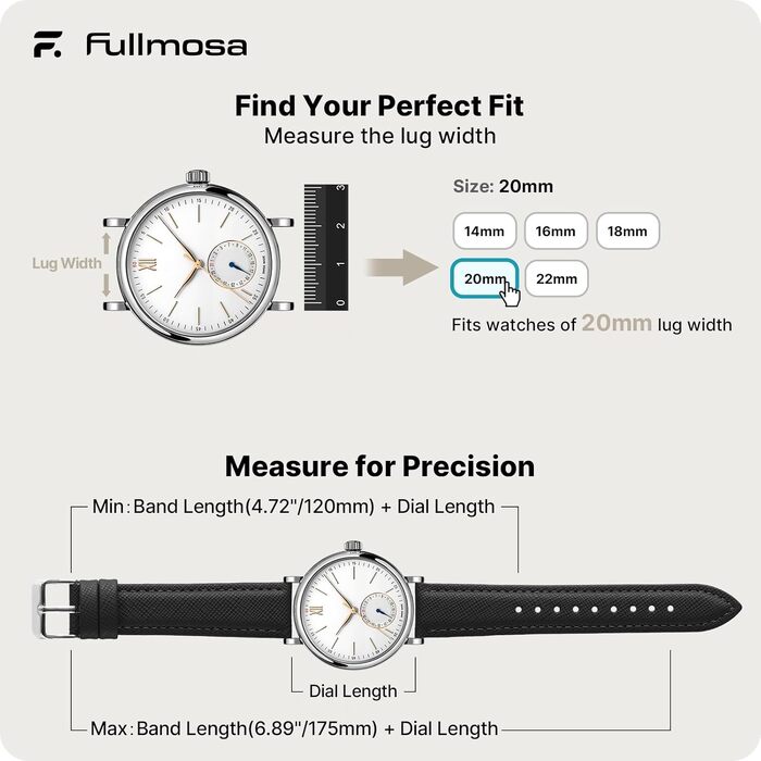Ремінець Fullmosa 20мм зі шкіри для Garmin Vivoactive 6/5/4, Venu SQ та Samsung Galaxy Watch 7/6/5/4 FE (40/44/45мм), Classic 43мм, чорний