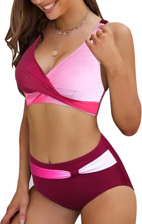 Двочастинний купальник Adigaber з V-подібним вирізом, перехресним візерунком, корегуючим животом. Розміри 3XL, кольори: червоний та рожевий