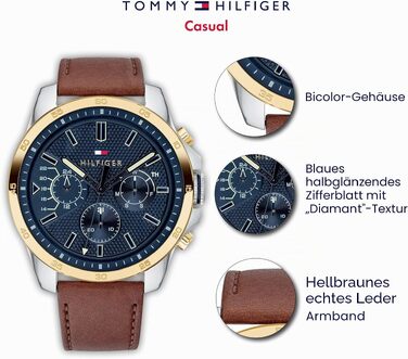 Чоловічий багатофункціональний кварцовий годинник Tommy Hilfiger зі шкіряним ремінцем, синій, водонепроникність 5ATM