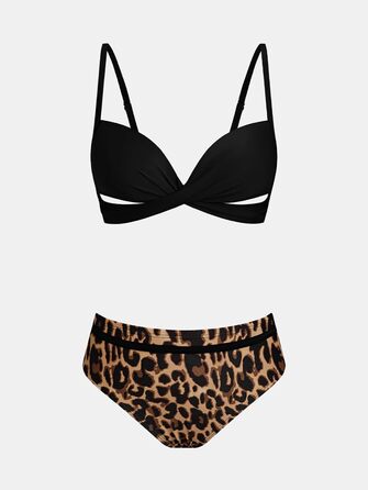 CUPSHE Бійкіні жіночий комплект: топ з пуш-ап, скросовер, двочастинний купальник, пляжна мода, чорний, леопардовий принт