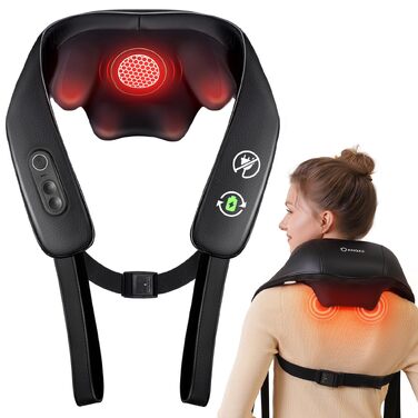 Бездротовий масажер для шиї та плечей KNQZE Shiatsu 4D з функцією підігріву, чорний (стандарт)