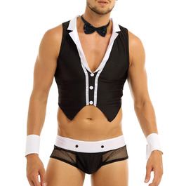 Костюм бармена Freebily 4шт: меш, боксери, краватка, жилет. Чорний. Еротичний костюм для рольових ігор, клубної моди. Розмір універсальний