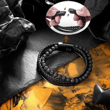 Шкіряний браслет Murtoo для чоловіків з натуральним чорним оніксом та лавою, плетений аксесуар (23 см, чорний)