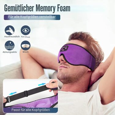 Bluetooth-маска для сну Schlafkopfhörer з 3D-ефектом та HD-стереодинаміками, регульована маска для сну та медитації, підходить для сну на боці, подорожей та йоги (Фіолетова)