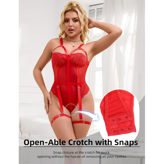 Комплект жіночої білизни Comeondear з мереживом та бретельками, боді, Teddy, великі розміри (XL-XXL, червоний)