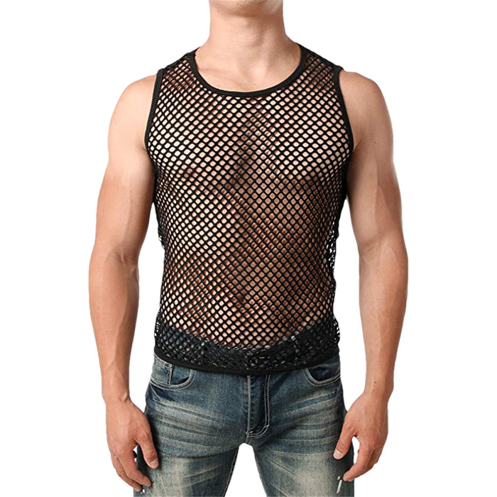 Чоловіча прозора сітчаста футболка з мереживом - ідеальний варіант для нічного клубу та вечірок | Чорний