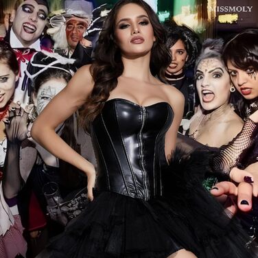 Корсет MISS MOLY з G-String, XL, чорний: вінтажний дизайн, штучна шкіра, на блискавку