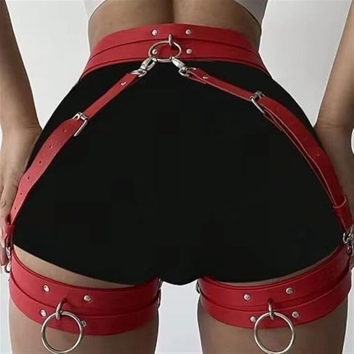 Жіночий готичний набір ременів на стегна з екошкіри. Регульовані мереживні стринги для боді, косплею, карнавалу, панку, вечірок. Червоний/Подорож, однотонний