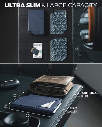 Чоловічий гаманець-картхолдер VULKIT Pop-up з RFID-захистом, металевий слімак з натуральної шкіри корови для кредитних карток, купюр та монет, темно-синій
