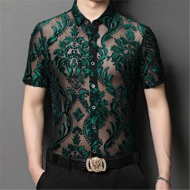 Чоловіча сорочка AWMew, мереживо, сітка, коротка, клубний стиль, з відкритим декором (зелена, XXL)