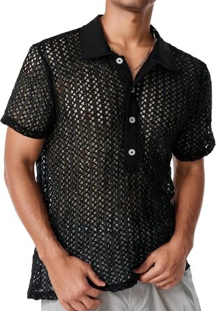 Чоловіча прозора сорочка-сітка, сексуальна білизна, мережевий топ, футболка з відкритим торсом, облягаючий крій, для клубу, вечірки, рейву, чорний, S-3XL