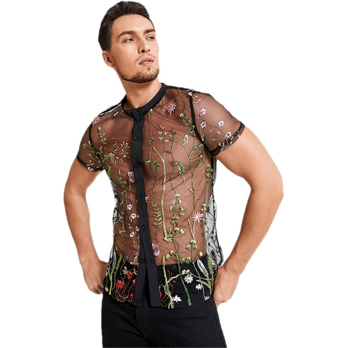 Чоловіча сітчаста сорочка з вишивкою, прозора, на кнопках, дихаюча, для вечірок та клубів, чорна XL