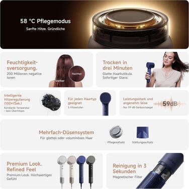 Фен для волосся Laifen Neo Special з інфузією олії, режим догляду 58°C, мотор 110 000 об/хв, іонний, колір Шампань/Платиновий синій