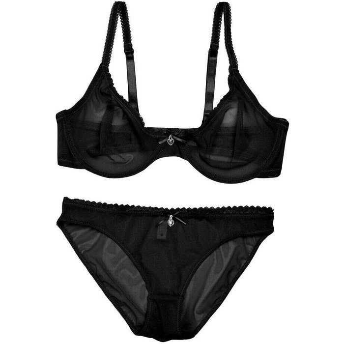 Комплект бюстгальтера та трусиків мереживний прозорий без підкладки для жінок великих розмірів, чорний, 95D
