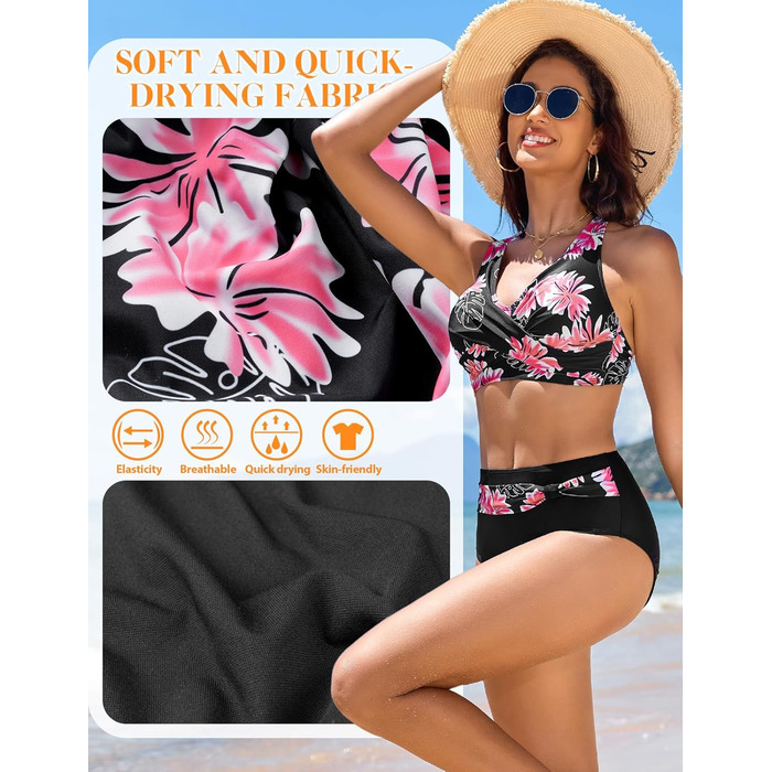 Бікіні жіночий комплект Nadeer: сексуальний V-подібний виріз, push-up, двочастинний, висока талія, рожевий, квітковий принт