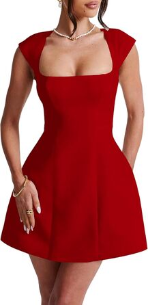 Жіноче міні-плаття LuFeng з квадратним вирізом, рукавами-крилами, повною підкладкою, блискавкою, силуетом А, для вечірок та клубів, сучасне, червоне/подорож, однотонне (Getaway Solids)