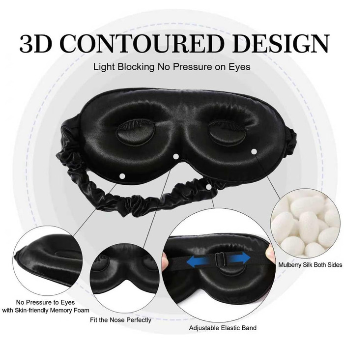 Шовкова 3D маска для сну ZIMASILK з натурального шовку тутовниці 22 мом, регульована маска для очей з ефектом нульового тиску для довгих вій та нарощених вій, чорна