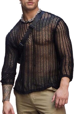 Чоловіча прозора сорочка з довгим рукавом, сітчаста майка, прозоре Т-подібне топа, сексуальна сітка, клубний одяг, еротична білизна, модна блуза, повсякденне вбрання, світшот (XXL-Чорний)