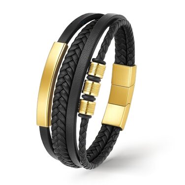 Шкіряний браслет чоловічий UNIQAL 'BLACK SHAPE' із нержавіючої сталі та натуральної шкіри, золотий, 19 см (у подарунковій коробці)