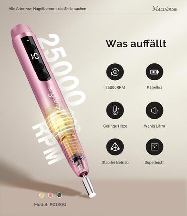 Апарат для манікюру та педикюру MelodySusie PC180G, бездротовий електричний нігтевий фрезер 25000 об/хв, професійний набір для нарощених нігтів з LED-дисплеєм (Rose)