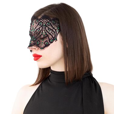 Чорна мереживна маска для жінок з кристалами - елегантна венеціанська маска для карнавалу, вечірки в готичному стилі, косплею, свята - ручної роботи (чорний колір, зелені стрази)