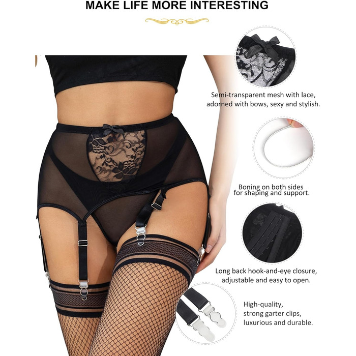 Чоловічі/Жіночі пояси для панчіх з високою талією, 2 шт., великі розміри, мереживо, 6 ремінців, чорний
