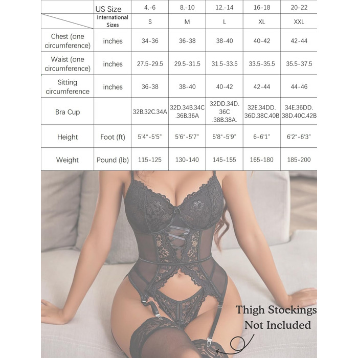 Avidlove Комплект нижньої білизни для жінок: мереживний боді, корсет, babydoll, чорний. Сексуальна спідня білизна, тіло, бюстгальтер та труси.