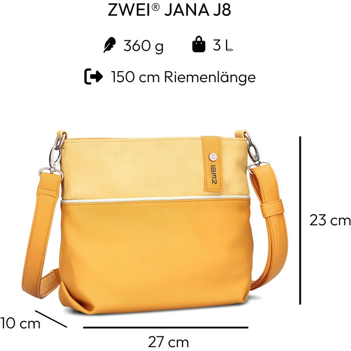 Жіноча сумка-кросбоді JANA J8 Bicolor Canvas-стиль, м'яка екошкіра, 3 літри, з двома знімними ременями (короткий та довгий), колір Sunny