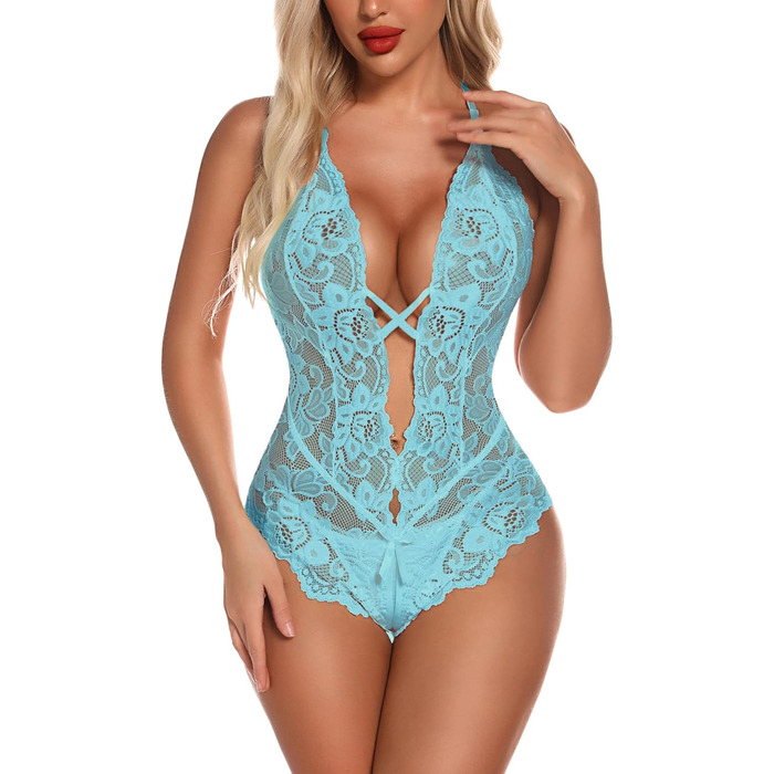 Тілесний боді Aranmei з мереживом для жінок, з глибоким V-поглибленням, підтягуюча білизна (Світло-блакитний, S)