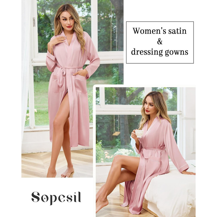 Жіночий атласний халат довгий, баняк, кімоно, легкий, весільний, м'який, для вечірки, нічна сорочка, V-подібний виріз, S-XXL, XL, світло-рожевий