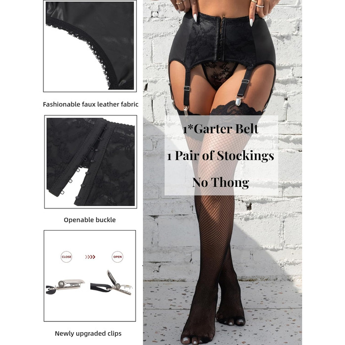 Чорний шкіряний стрінговий пояс-ремень з 6 фіксаторами. Сет стрінгових аксесуарів для жінок, великі розміри (XXL).