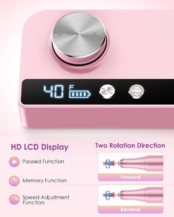 Електричний апарат для манікюру та педикюру Heypappy з LCD-дисплеєм, 40 000 об/хв, набір з 15 насадок, акумуляторний нігтевий фрезер для салонів та дому, Рожевий
