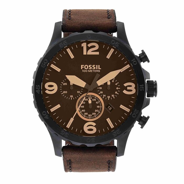 Чоловічий годинник Fossil Nate кварцовий хронограф з ремінцем зі сталі або шкіри, коричневий